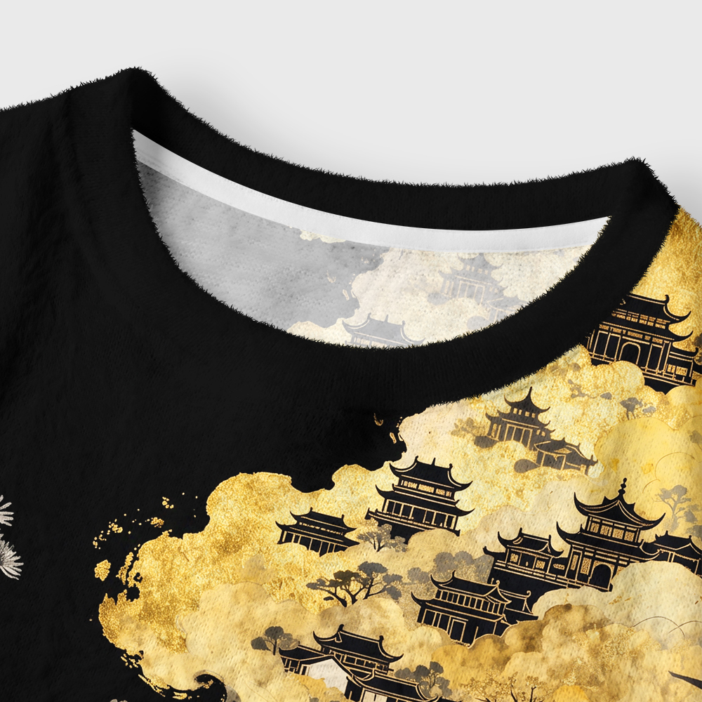 Tokyo-Tiger Vintage Oriental Landscape Women's Fuzzy Cropped Sweatshirt