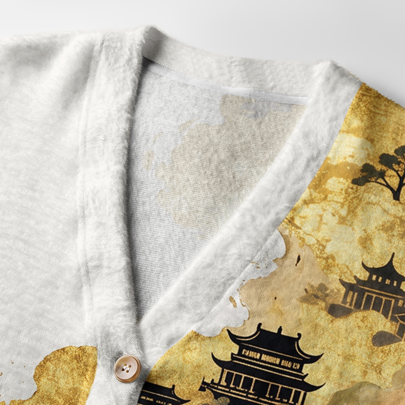 Tokyo-Tiger Gold Foil Mountain Deer Art Ugly Cardigan Sweater