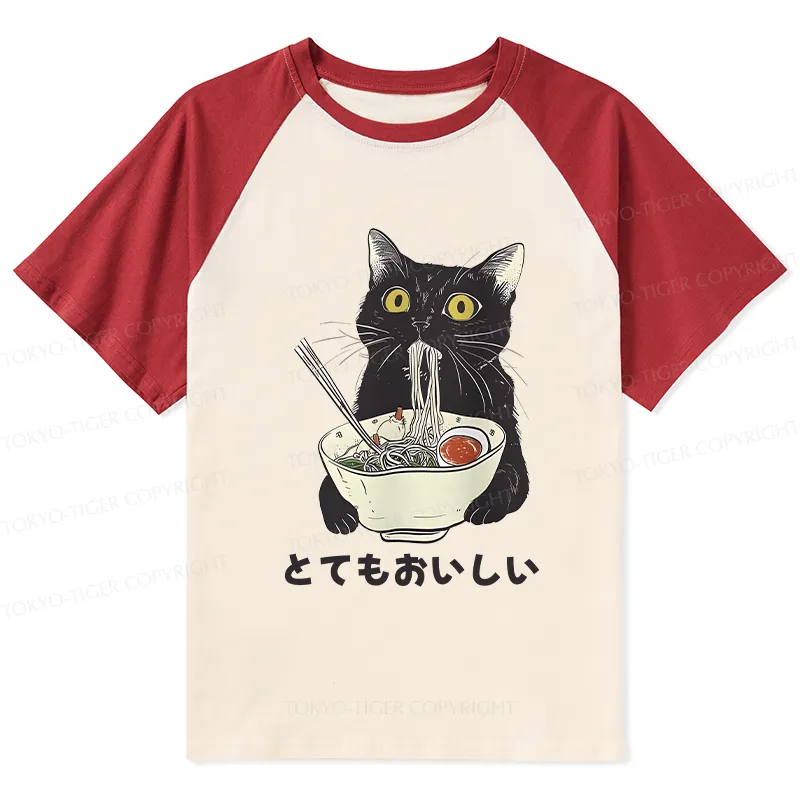 Tokyo-Tiger Cats Eat Ramen Noodles Raglan T-shirt