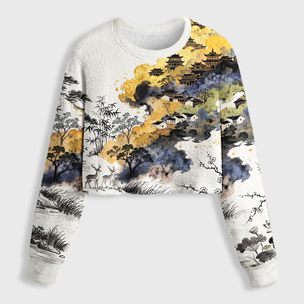 Tokyo-Tiger Gold Foil Mountain Deer Art Women's Fuzzy Cropped Sweatshirt