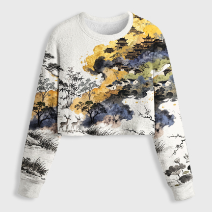 Tokyo-Tiger Gold Foil Mountain Deer Art Women's Fuzzy Cropped Sweatshirt