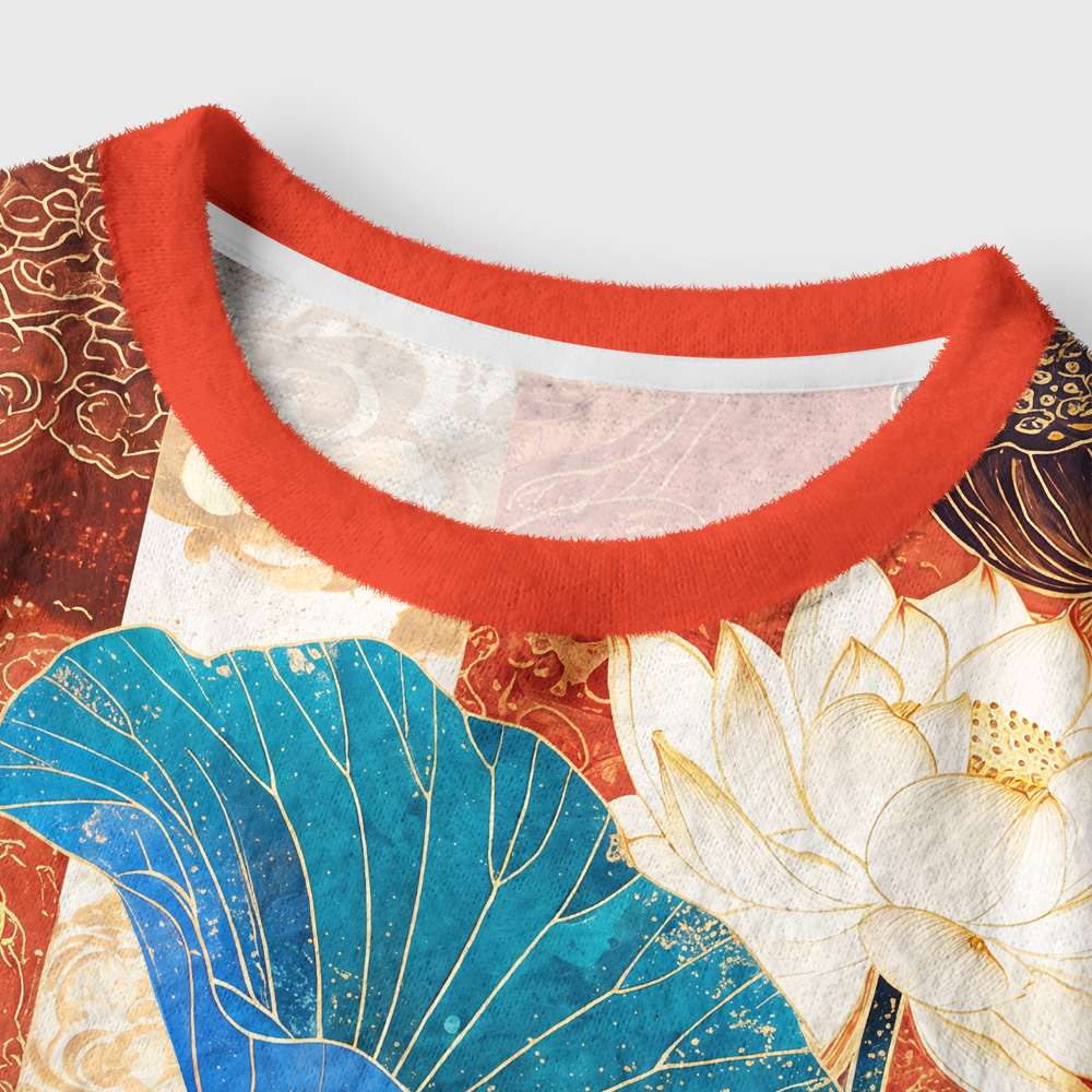 Tokyo-Tiger Koi Among Brocade Lotus Women's Fuzzy Cropped Sweatshirt