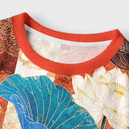 Tokyo-Tiger Koi Among Brocade Lotus Women's Fuzzy Cropped Sweatshirt