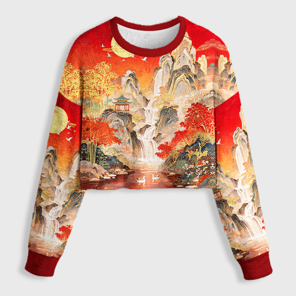 Tokyo-Tiger Gilded Autumn Peaks Women's Fuzzy Cropped Sweatshirt