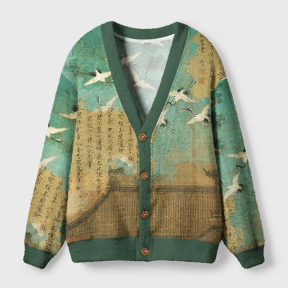 Tokyo-Tiger Vintage Chinese Scroll Crane Art Ugly Cardigan Sweater