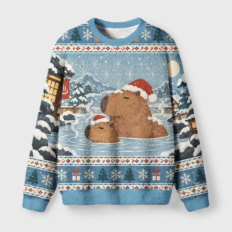 Tokyo-Tiger Capybara Winter Hot Spring Fuzzy Christmas Ugly Sweatshirt