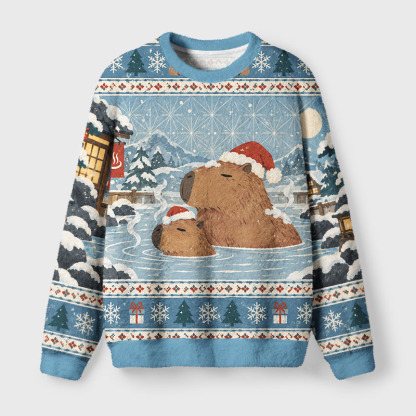 Tokyo-Tiger Capybara Winter Hot Spring Fuzzy Christmas Ugly Sweatshirt