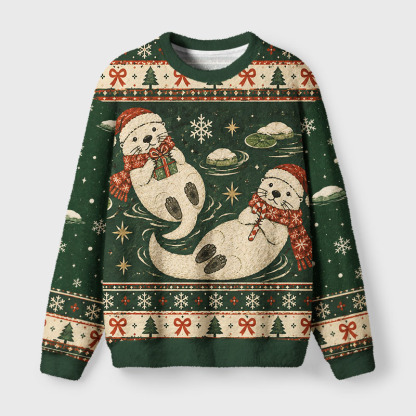 Tokyo-Tiger Joy Otter Vibes Fuzzy Christmas Ugly Sweatshirt