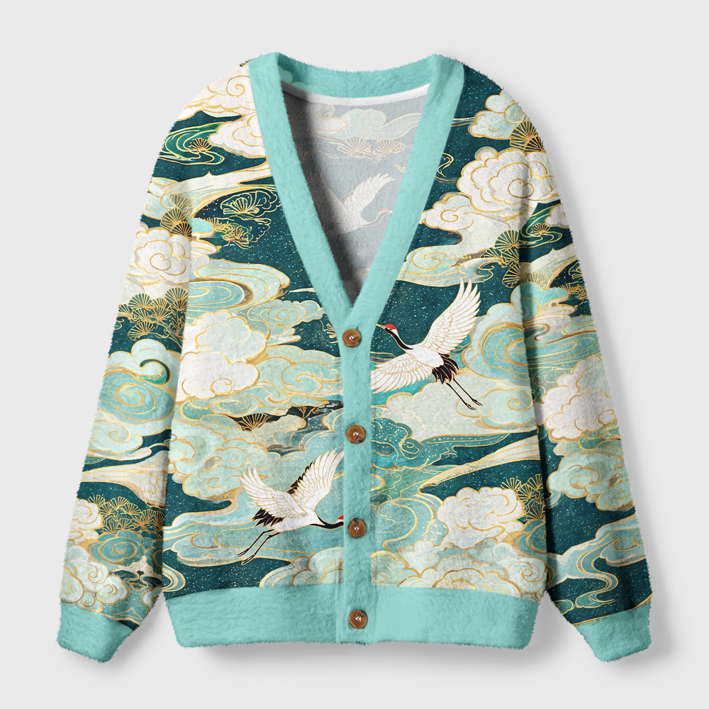 Tokyo-Tiger Soaring Cranes Gilded Clouds Ugly Cardigan Sweater