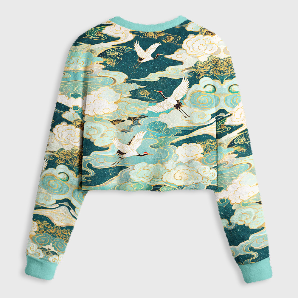Tokyo-Tiger Soaring Cranes Gilded Clouds Women's Fuzzy Cropped Sweatshirt