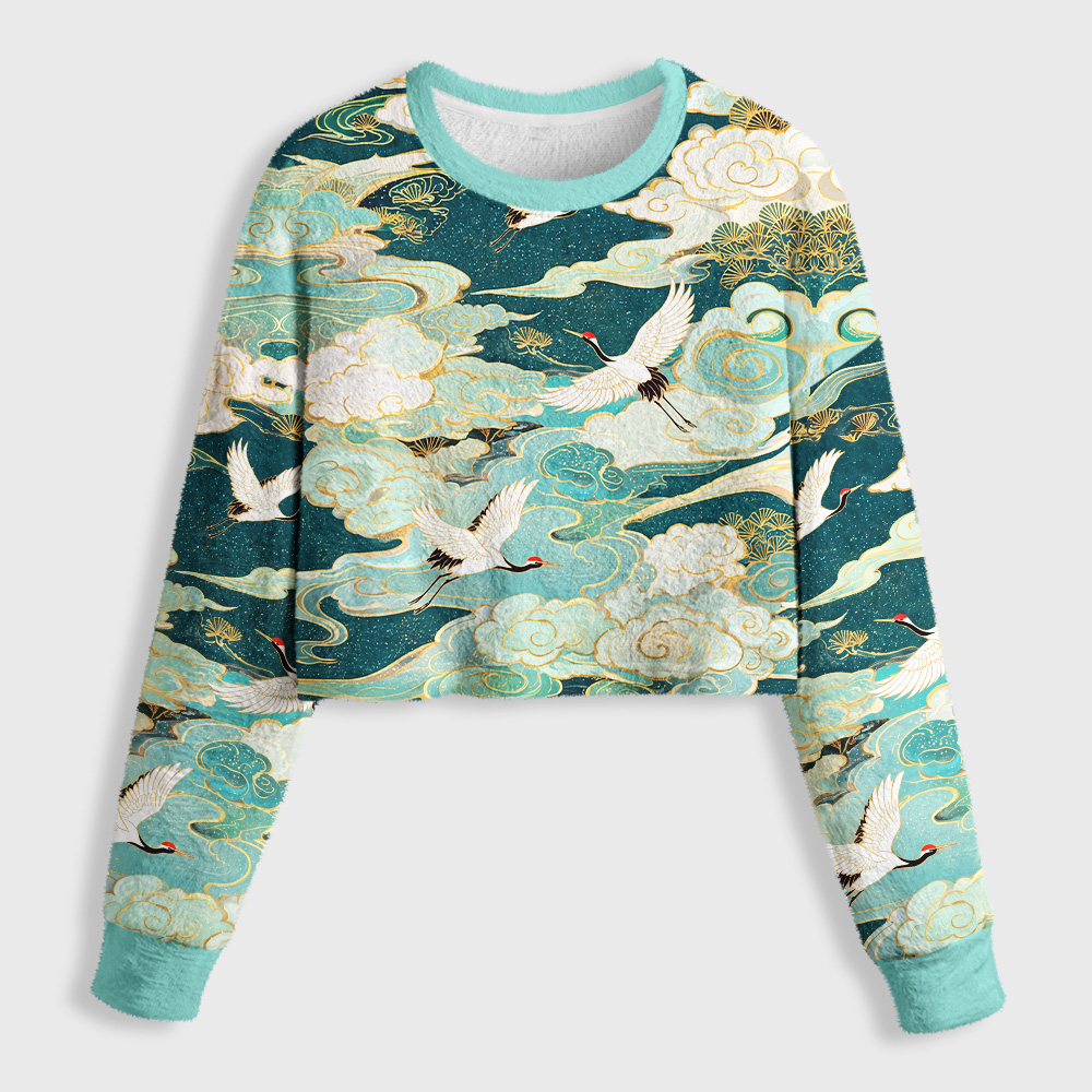 Tokyo-Tiger Soaring Cranes Gilded Clouds Women's Fuzzy Cropped Sweatshirt