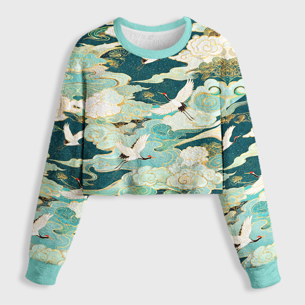 Tokyo-Tiger Soaring Cranes Gilded Clouds Women's Fuzzy Cropped Sweatshirt