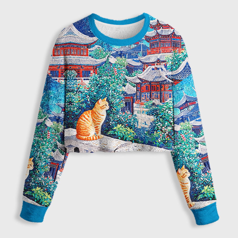 Tokyo-Tiger Ginger Cats Ancient Pavilions Women's Fuzzy Cropped Sweatshirt
