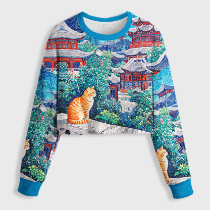 Tokyo-Tiger Ginger Cats Ancient Pavilions Women's Fuzzy Cropped Sweatshirt