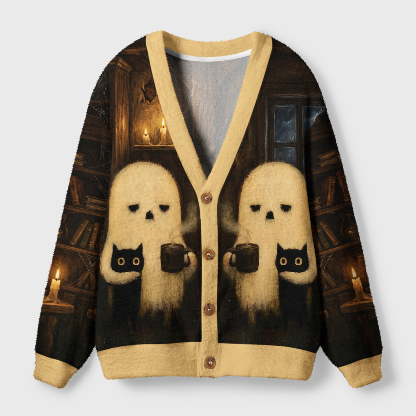 Tokyo-Tiger Ghost And Cat Coffee Break Ugly Cardigan Sweater