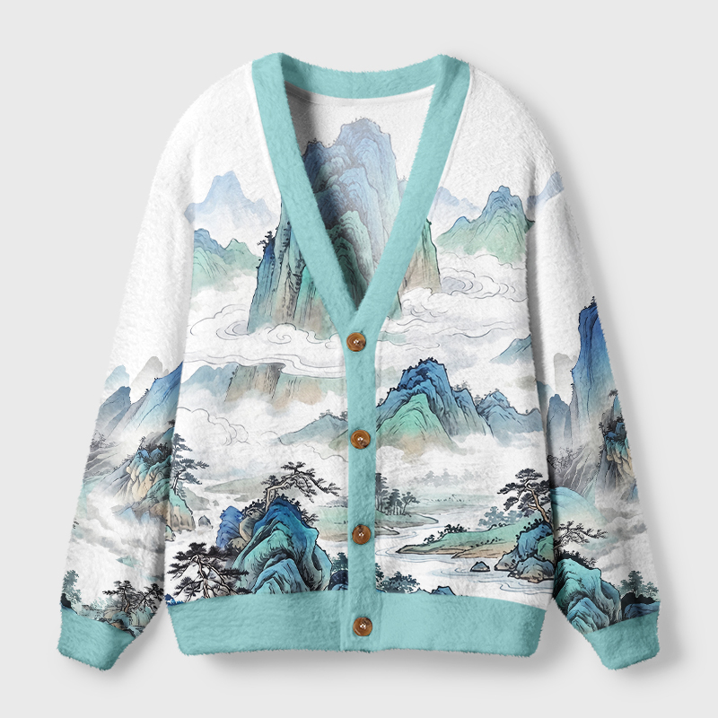 Tokyo-Tiger Chinese Blue-Green Landscape Painting Ugly Cardigan Sweater