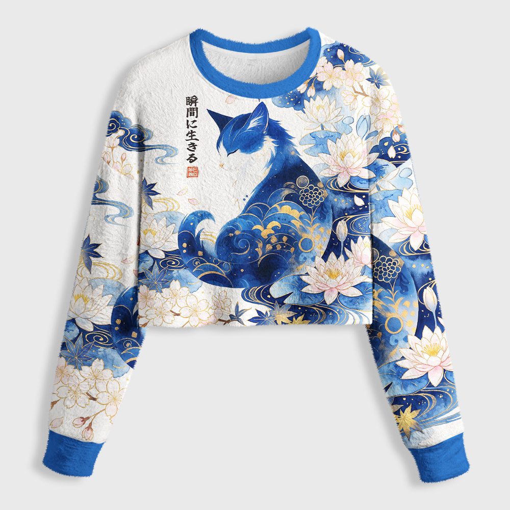 Tokyo-Tiger Retro Zen Cat: Living the Present Women's Fuzzy Cropped Sweatshirt
