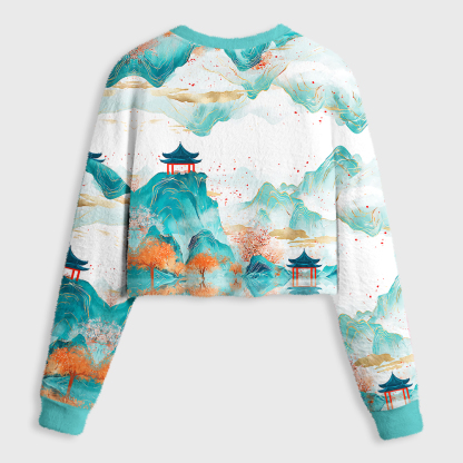 Tokyo-Tiger Serene Chinese Mountain Landscape Women's Fuzzy Cropped Sweatshirt
