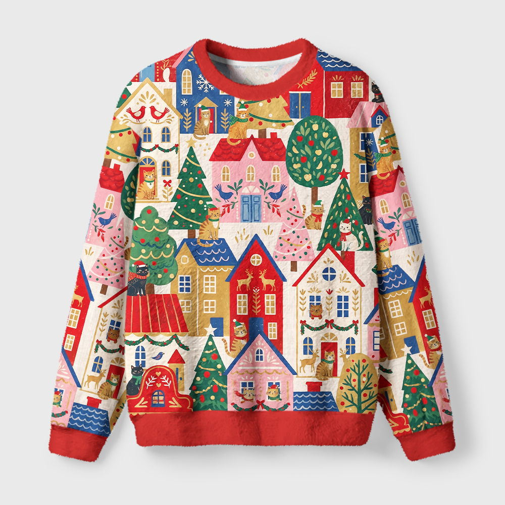 Tokyo-Tiger Christmas Cat Town Fuzzy Christmas Ugly Sweatshirt