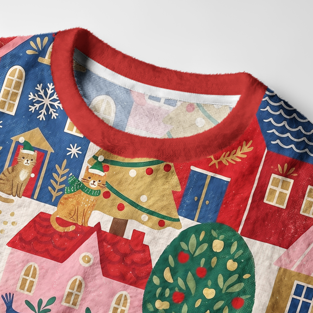 Tokyo-Tiger Christmas Cat Town Fuzzy Christmas Ugly Sweatshirt