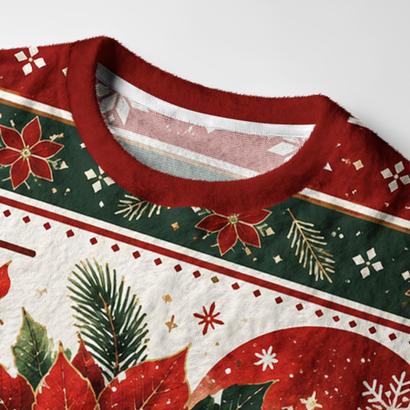 Tokyo-Tiger Festive Poinsettia Flower Fuzzy Christmas Ugly Sweatshirt
