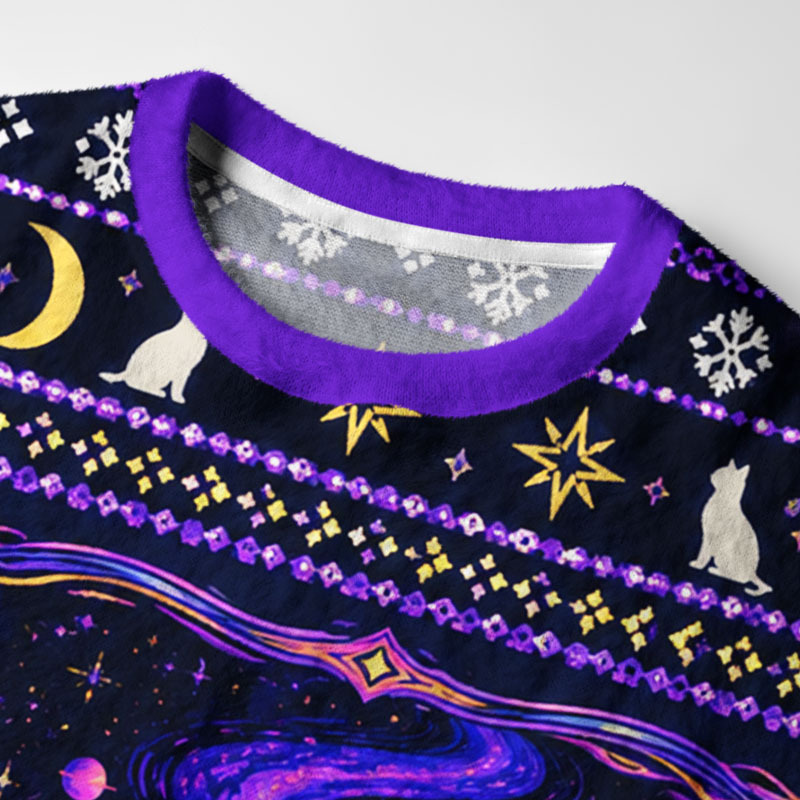 Tokyo-Tiger Galaxy Space Cat Fuzzy Christmas Ugly Sweatshirt