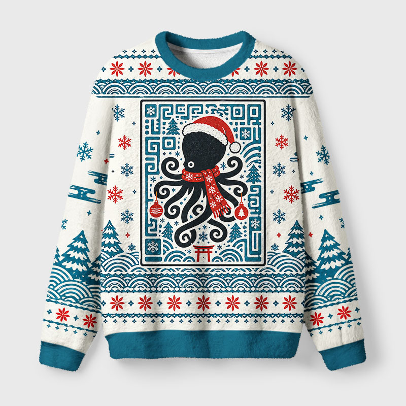 Tokyo-Tiger Block Print Christmas Octopus Fuzzy Christmas Ugly Sweatshirt