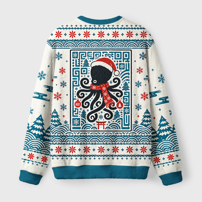 Tokyo-Tiger Block Print Christmas Octopus Fuzzy Christmas Ugly Sweatshirt