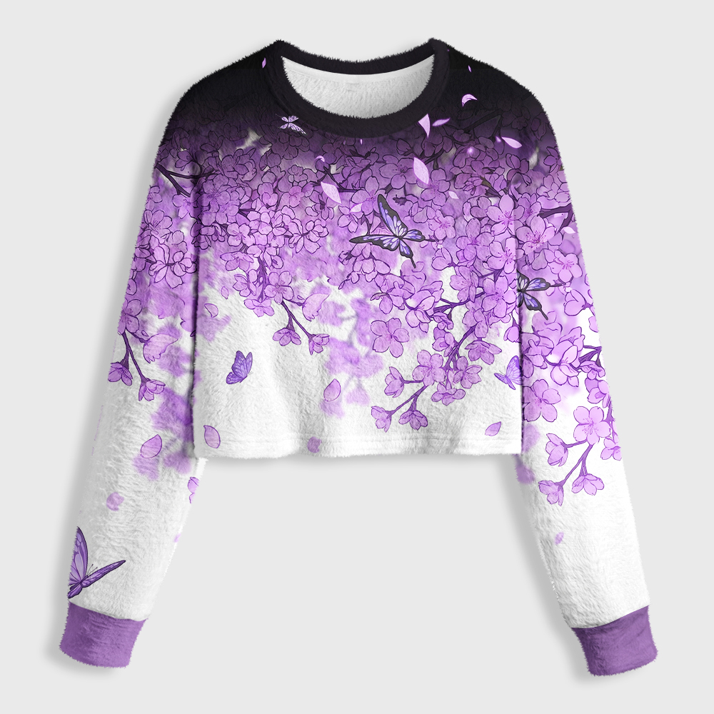 Tokyo-Tiger Purple Cherry Blossom Butterfly Women's Fuzzy Cropped Sweatshirt