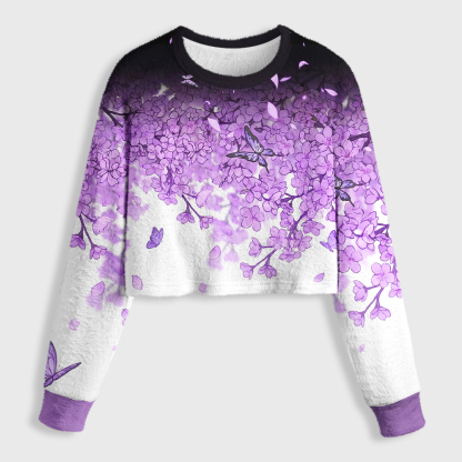Tokyo-Tiger Purple Cherry Blossom Butterfly Women's Fuzzy Cropped Sweatshirt