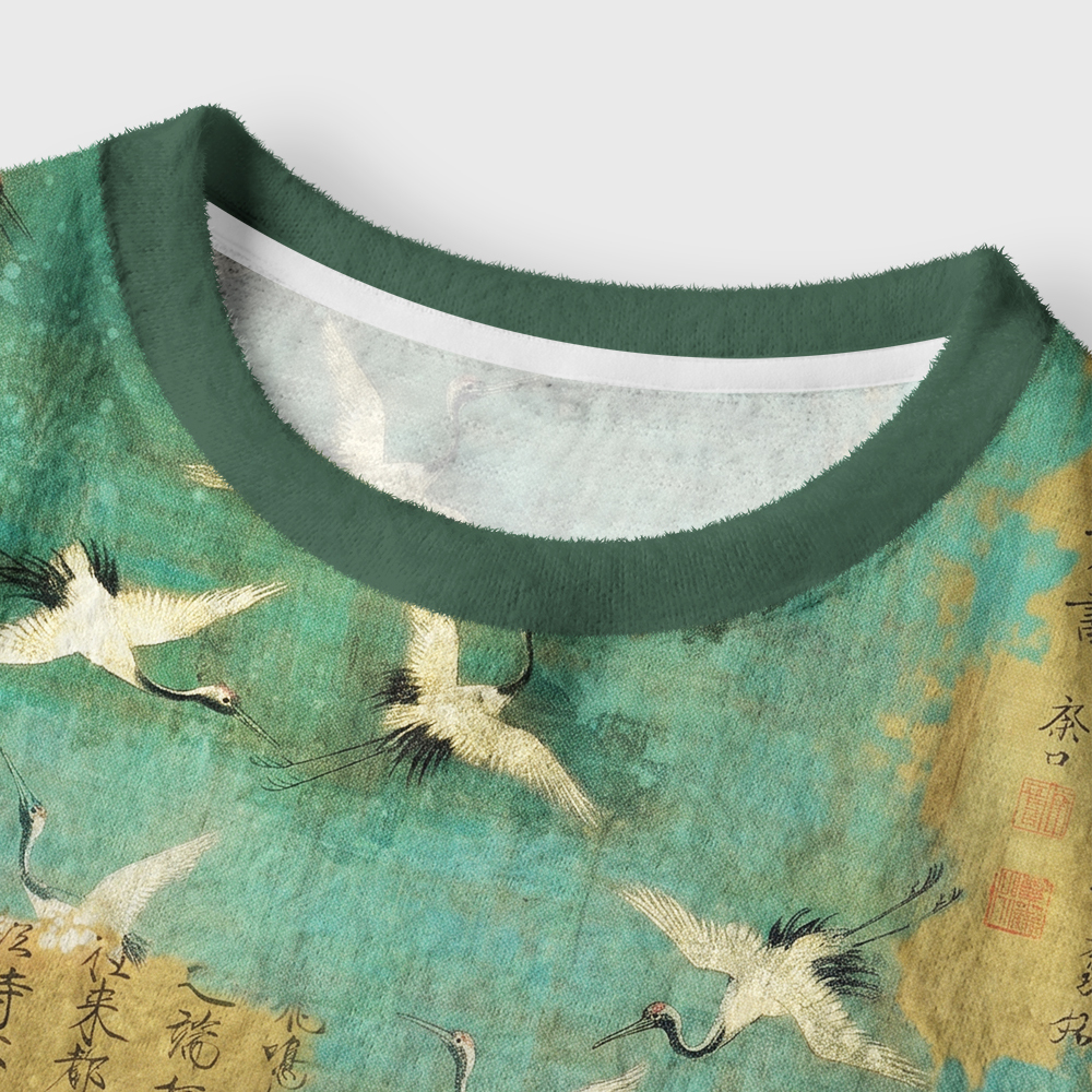 Tokyo-Tiger Chinese Blue-Green Landscape Painting Women's Fuzzy Cropped Sweatshirt