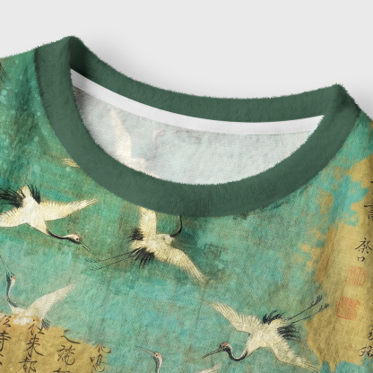 Tokyo-Tiger Chinese Blue-Green Landscape Painting Women's Fuzzy Cropped Sweatshirt