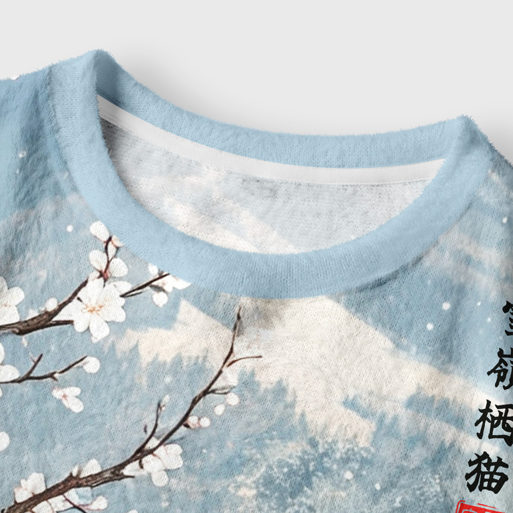 Tokyo-Tiger Flower Cat Snowy Peaks Women's Fuzzy Cropped Sweatshirt