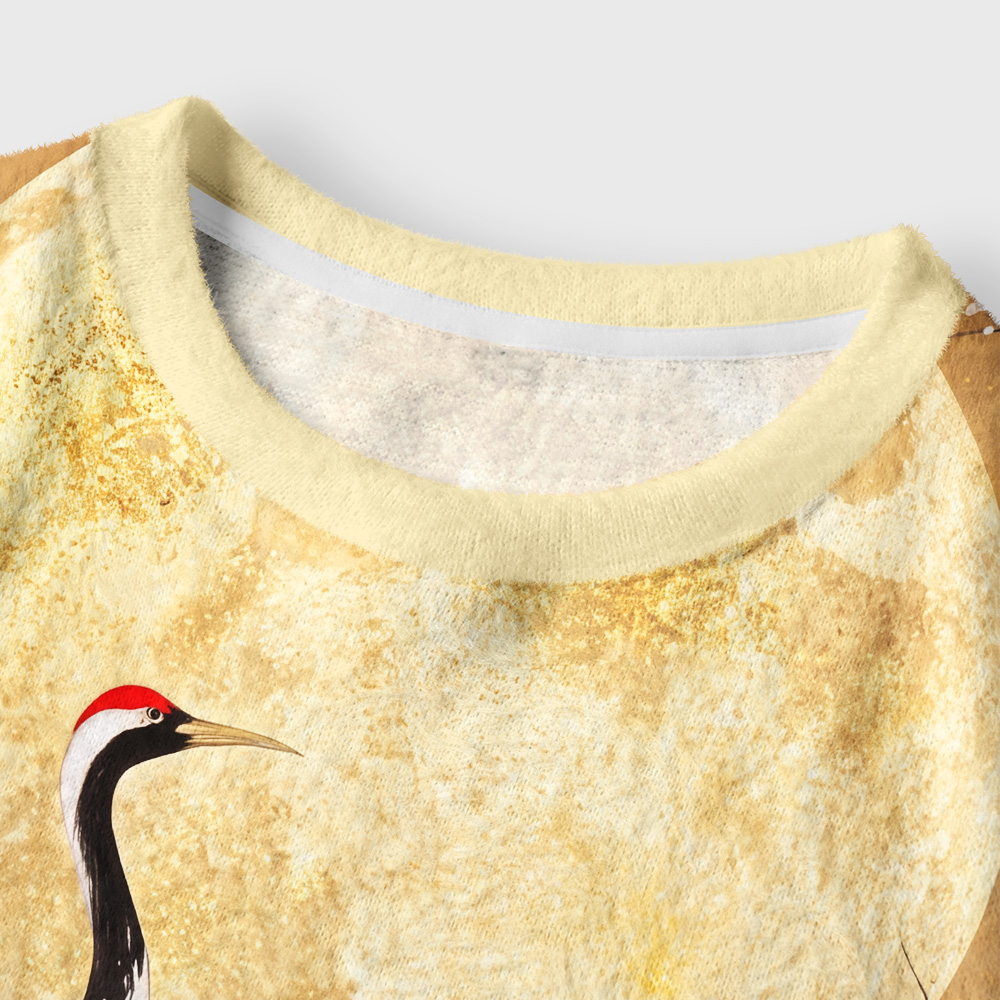 Tokyo-Tiger Plum Moon Crane Scroll Women's Fuzzy Cropped Sweatshirt