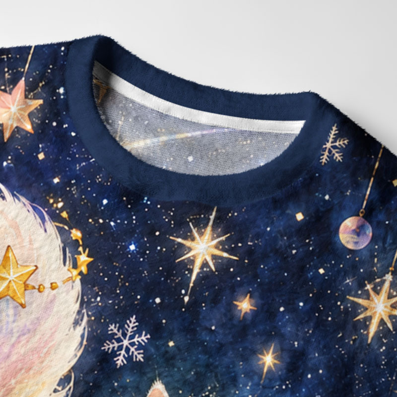 Tokyo-Tiger Starry Moon Cat Fuzzy Christmas Ugly Sweatshirt