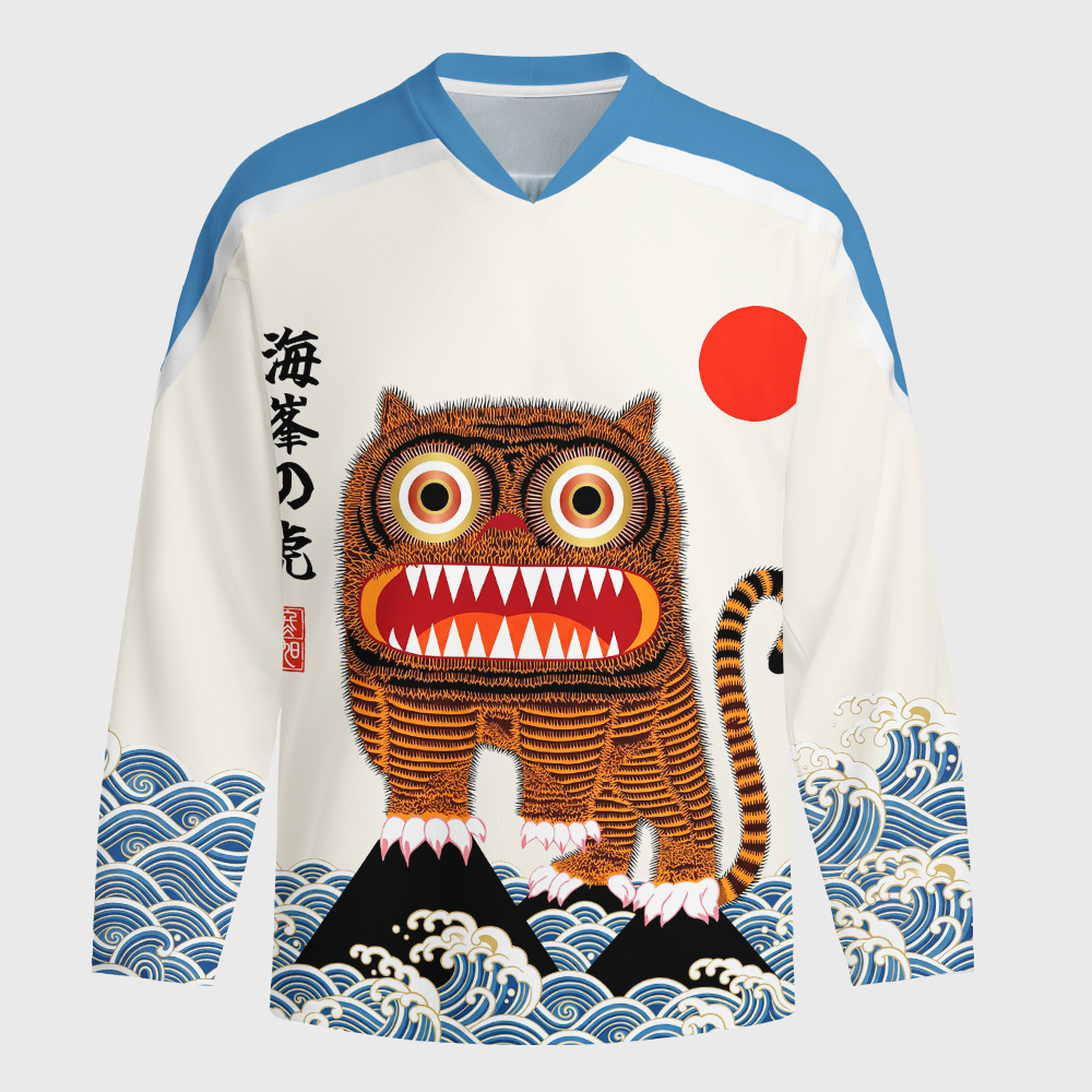Tokyo-Tiger Folk Art Tiger Standing On Waves Long-Sleeve Hockey Jersey