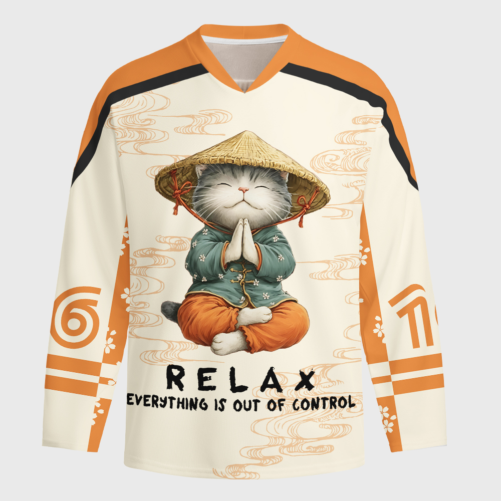 Tokyo-Tiger Zen Relax Cat Graphic Long-Sleeve Hockey Jersey