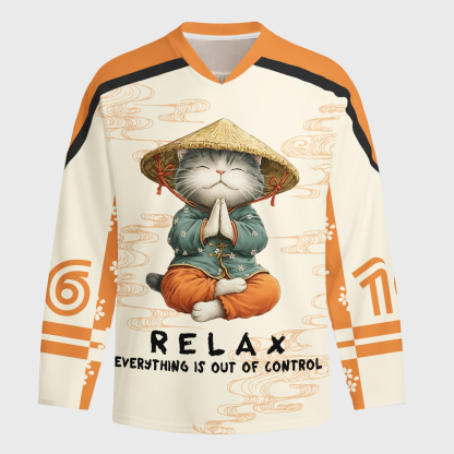 Tokyo-Tiger Zen Relax Cat Graphic Long-Sleeve Hockey Jersey