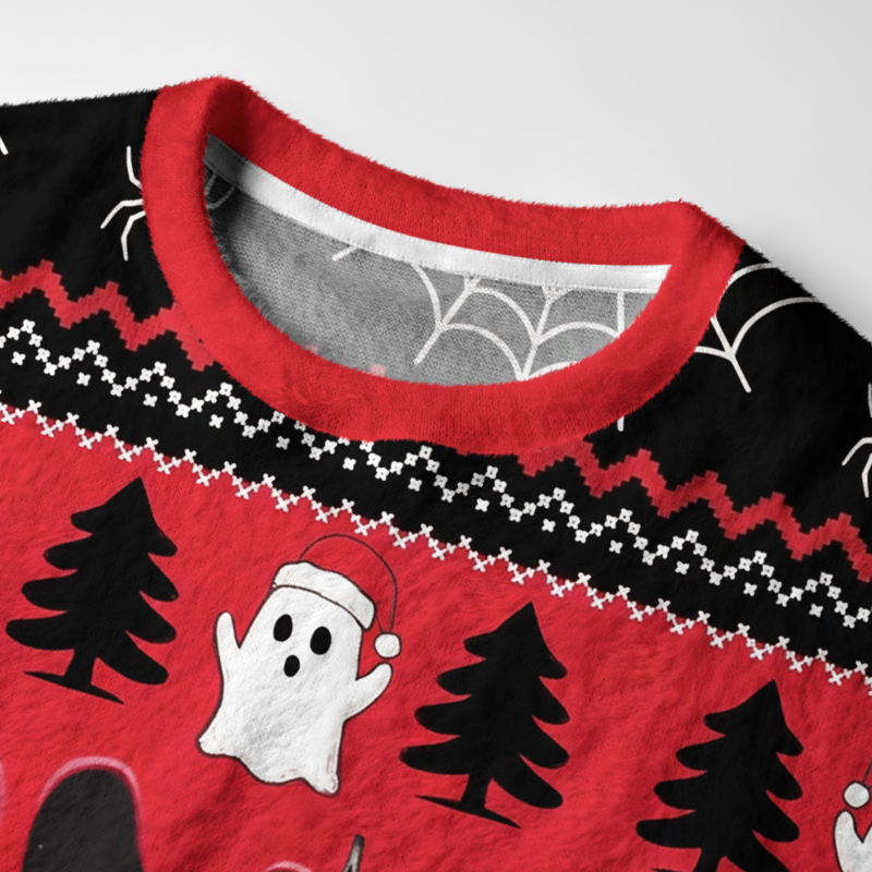 Tokyo-Tiger Cat And Ghostly Skull Christmas Tree Fuzzy Christmas Ugly Sweatshirt