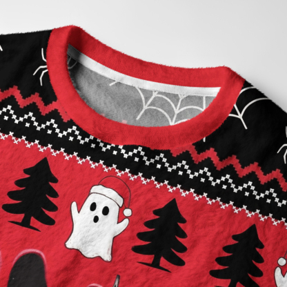 Tokyo-Tiger Cat And Ghostly Skull Christmas Tree Fuzzy Christmas Ugly Sweatshirt