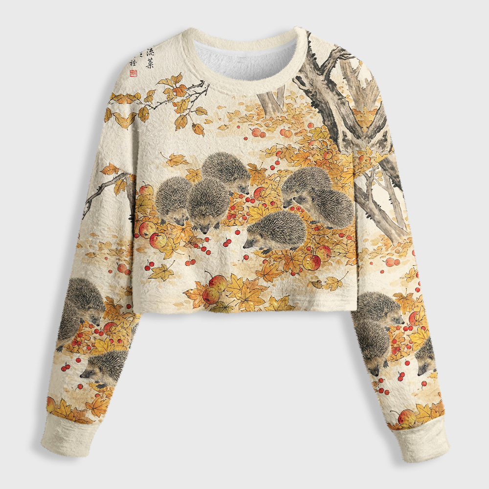 Tokyo-Tiger Hedgehogs Autumn Grove Women's Fuzzy Cropped Sweatshirt