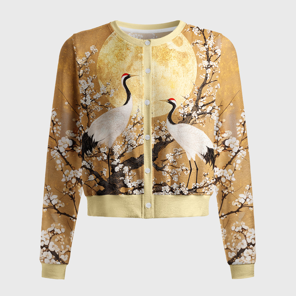 Tokyo-Tiger Plum Moon Crane Scroll Women's Lightweight Cardigan