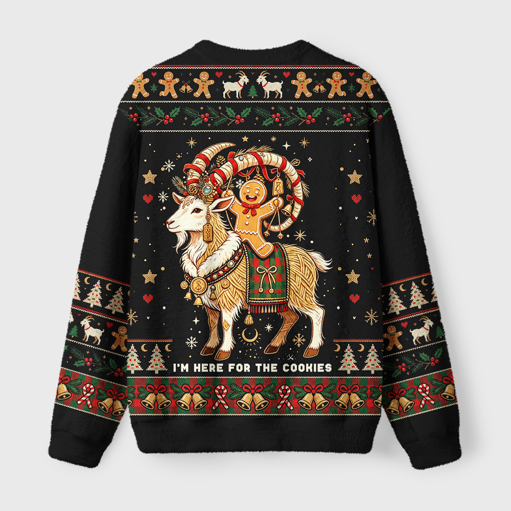 Tokyo-Tiger Yule Goat Rider Here For Cookies Fuzzy Christmas Ugly Sweatshirt
