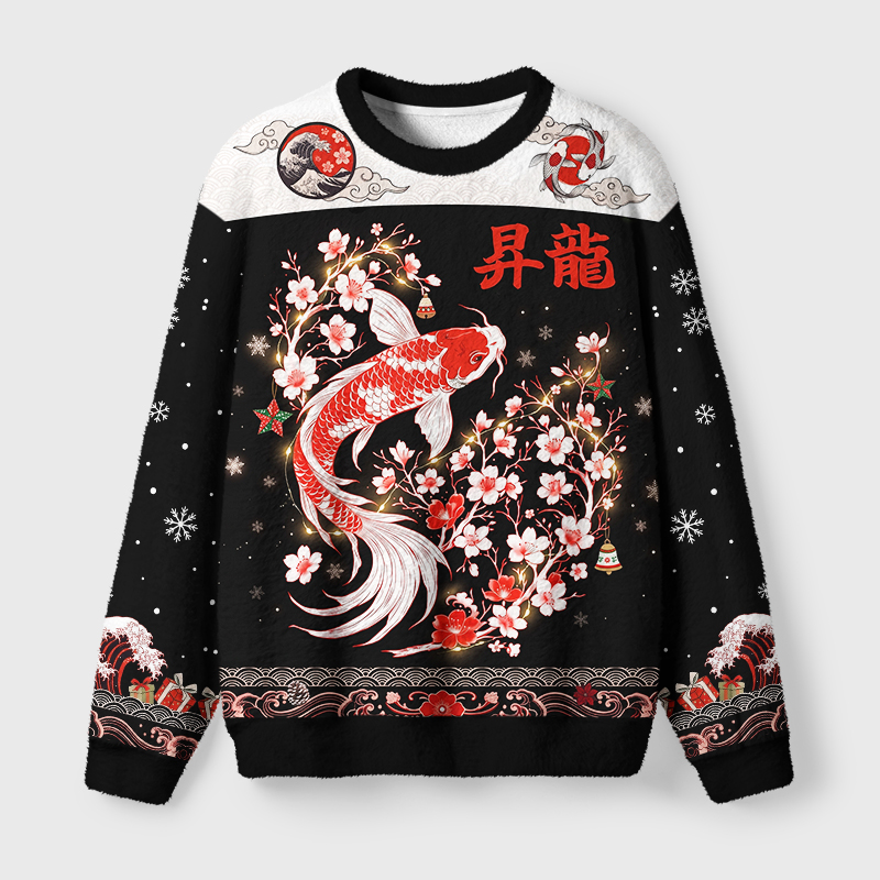 Tokyo-Tiger Vintage Sakura And Koi Fuzzy Christmas Ugly Sweatshirt