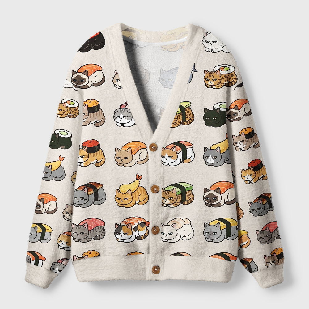 Tokyo-Tiger Cat Sushi Pattern Ugly Cardigan Sweater