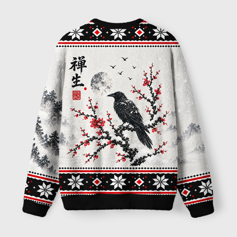 Tokyo-Tiger Ink Style Winter Zen Crow Fuzzy Christmas Ugly Sweatshirt