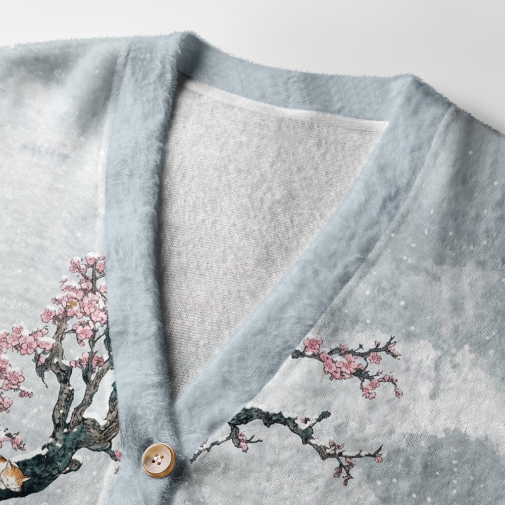Tokyo-Tiger Sleeping Cat Snow Cherry Ugly Cardigan Sweater