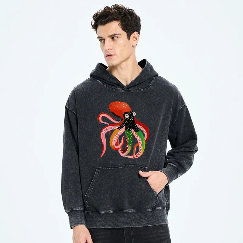 Tokyo-Tiger Colorful Octopus Art Washed Hoodie