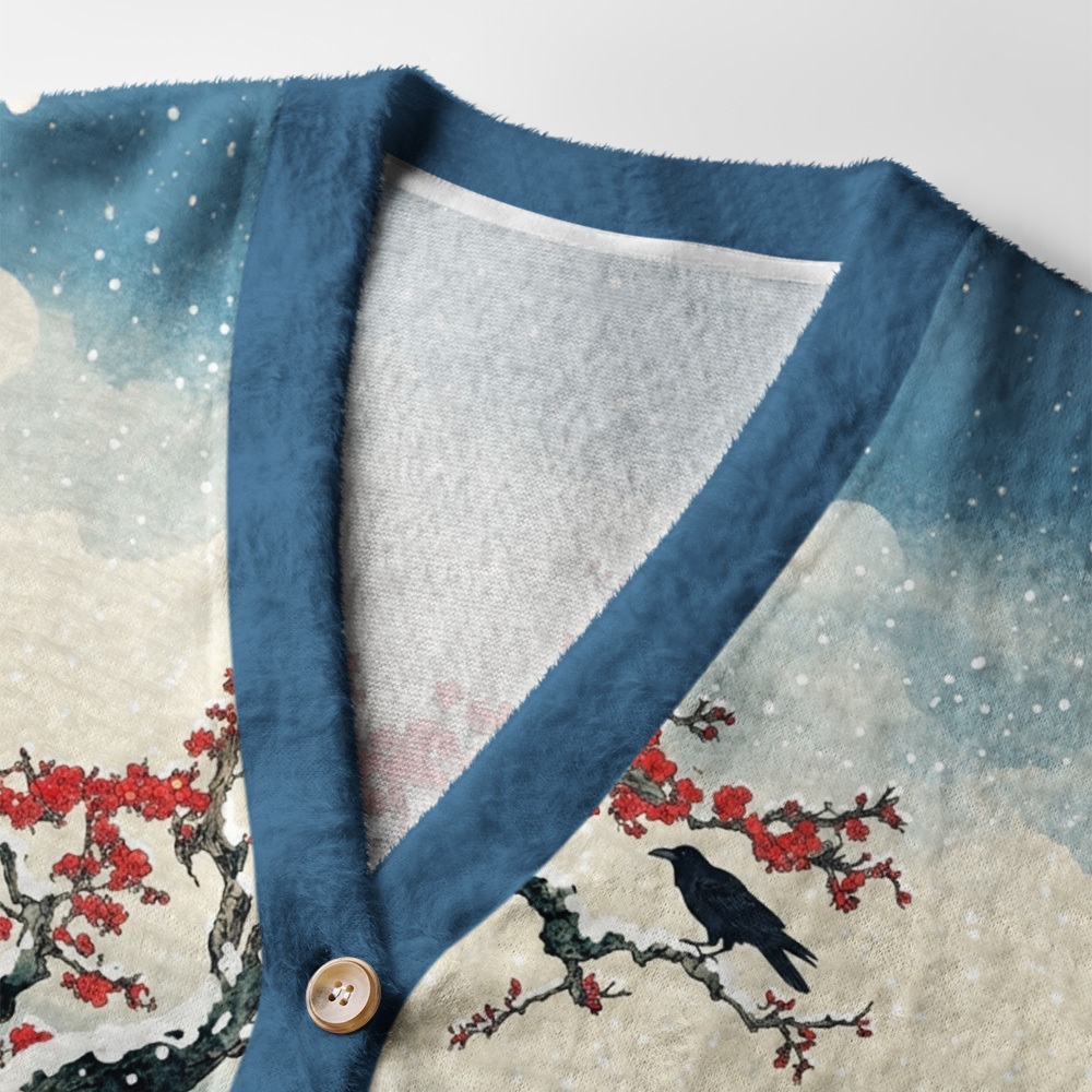 Tokyo-Tiger Crow Snow Ancient Temple Ugly Cardigan Sweater