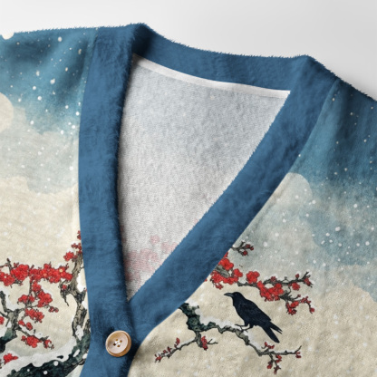 Tokyo-Tiger Crow Snow Ancient Temple Ugly Cardigan Sweater